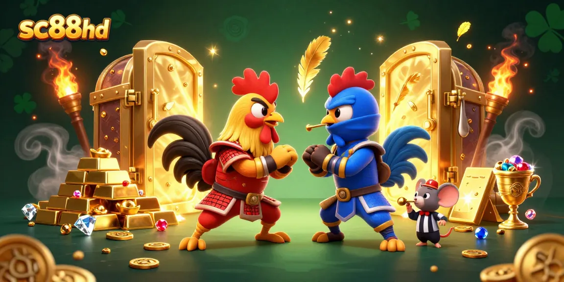 Experience intense action with sc88hd's fighting roosters and golden treasures in this vibrant scene.