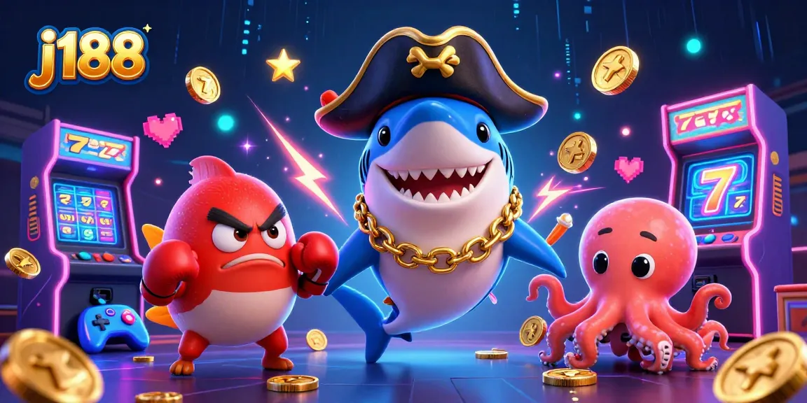 Engage with j188 in this vibrant casino-themed 3D illustration featuring a pirate shark and gaming elements.