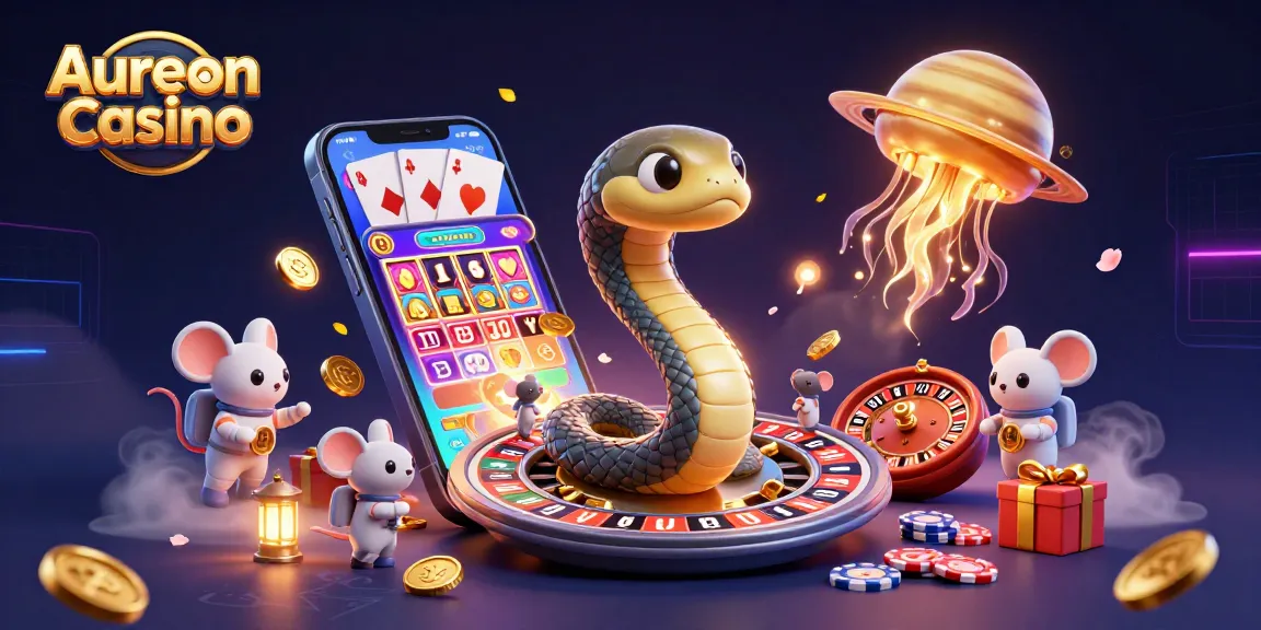 Aureon Casino showcases an engaging celestial scene, with astronaut mice betting on roulette rings and cosmic dealers.