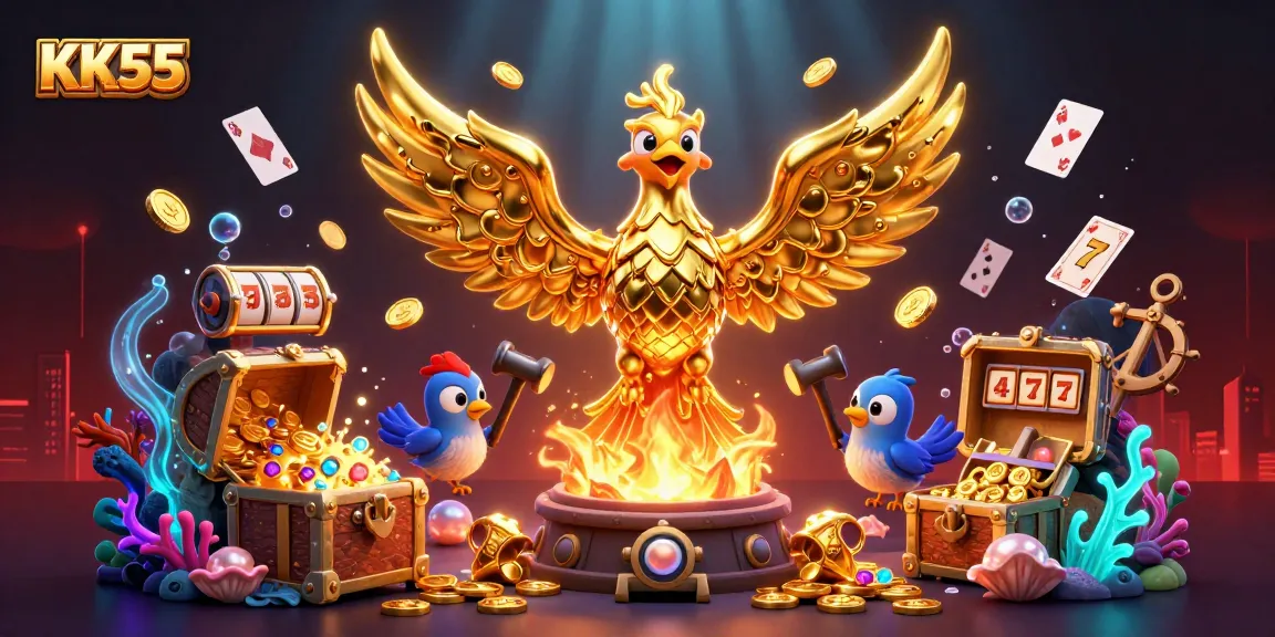 Spin and win on KK55 with golden opportunities emerging from a molten phoenix and casino elements.