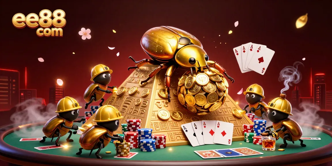 Join the game at ee88 com with a vibrant illustration of beetles and poker elements.