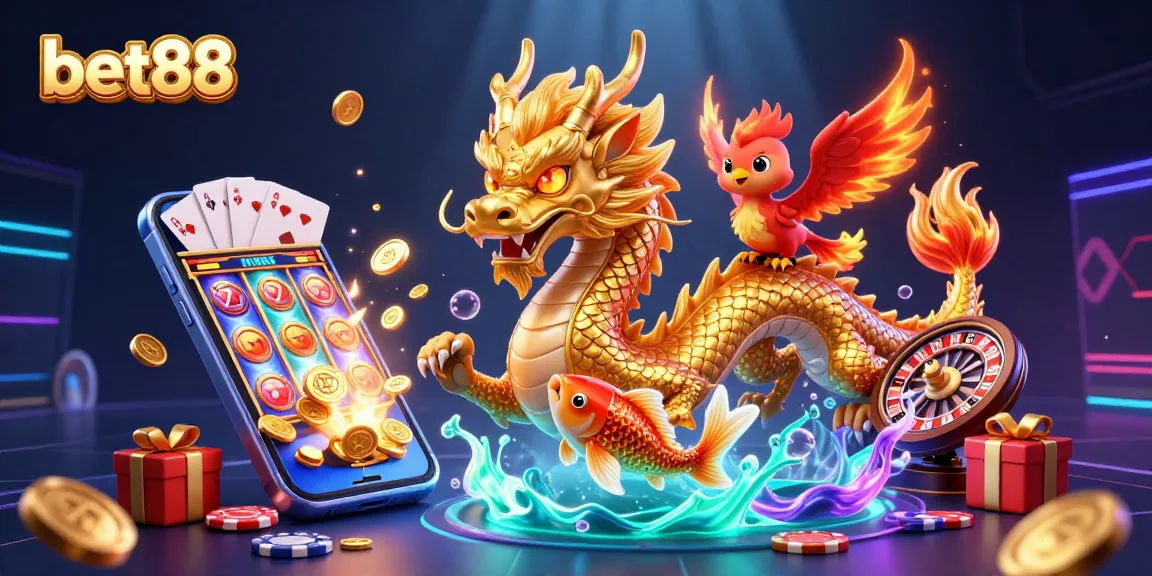 Experience the thrill at bet88, featuring a majestic dragon, phoenix, and koi fish among vibrant casino elements.