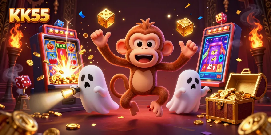 Experience thrilling wins at KK55 with a ghostly monkey juggling casino treasures in a vivid casino.