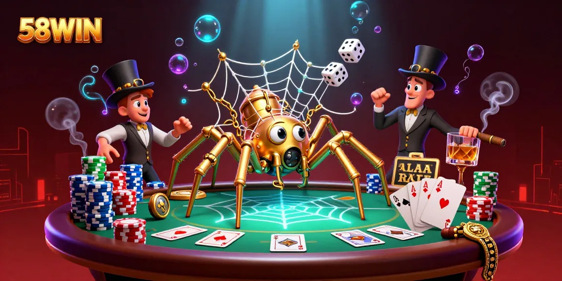 Engage with the thrill of 58WIN through a vibrant 3D illustration capturing a whimsical casino scene.