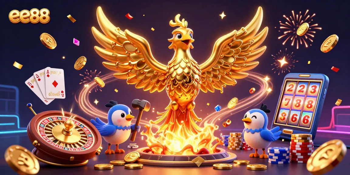 Engage with ee88's stunning golden phoenix soaring over casino riches—an exciting gambling experience!