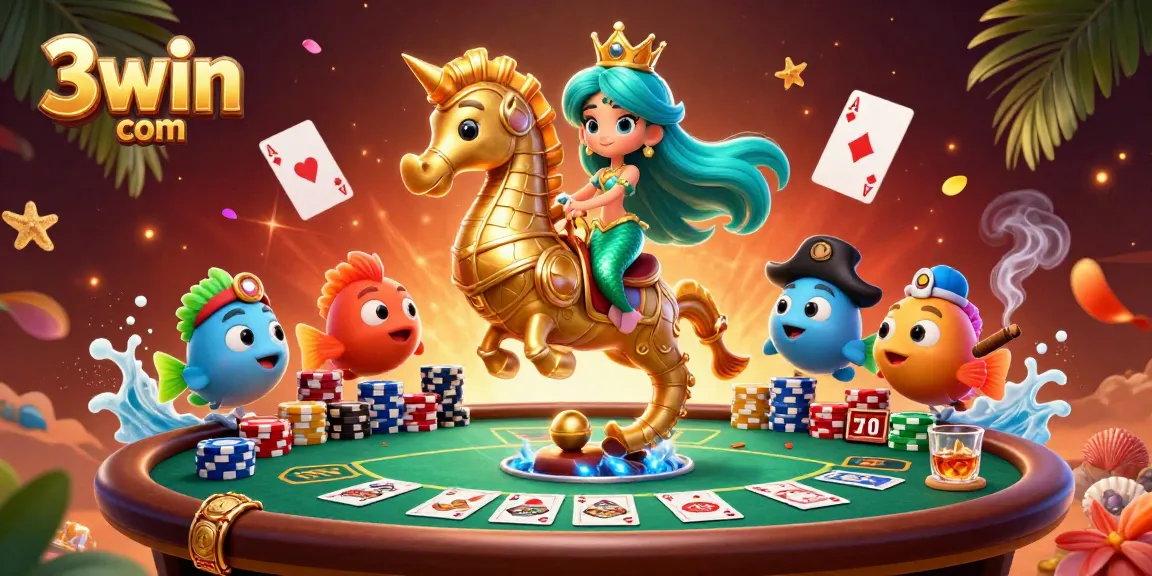Experience thrilling gameplay with 3win com's cartoon illustration of a mermaid and poker elements.