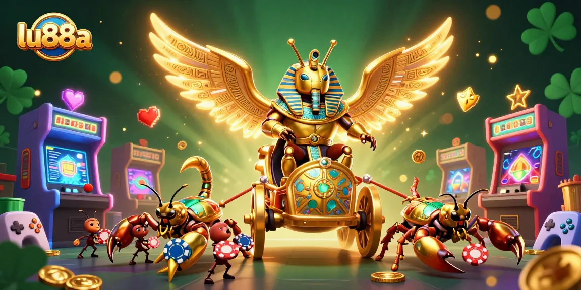 Experience the thrilling world of lu88a with a golden scarab and vibrant casino elements.
