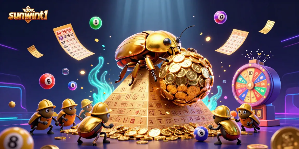 Experience thrilling gameplay with sunwint1 as the golden dung beetle rolls coins up a pyramid amidst colorful casino elements.