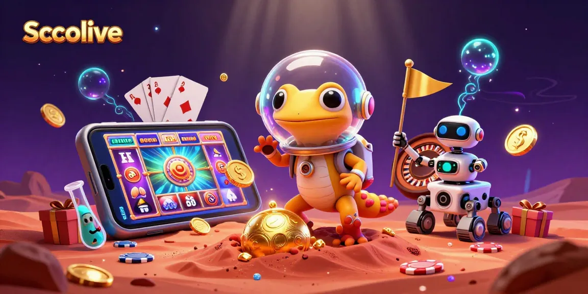 Socolive portrays a Martian gecko exploring a buried golden casino, showcasing dynamic action and gambling excitement.